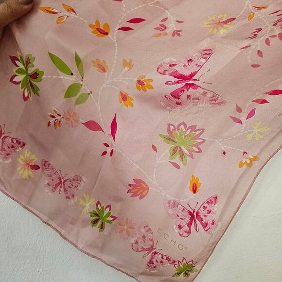 Vintage Y2K Echo Silk Scarf Pink Butterfly‎ Floral Print Hair Wrap Purse Accent - Picture 7 of 11